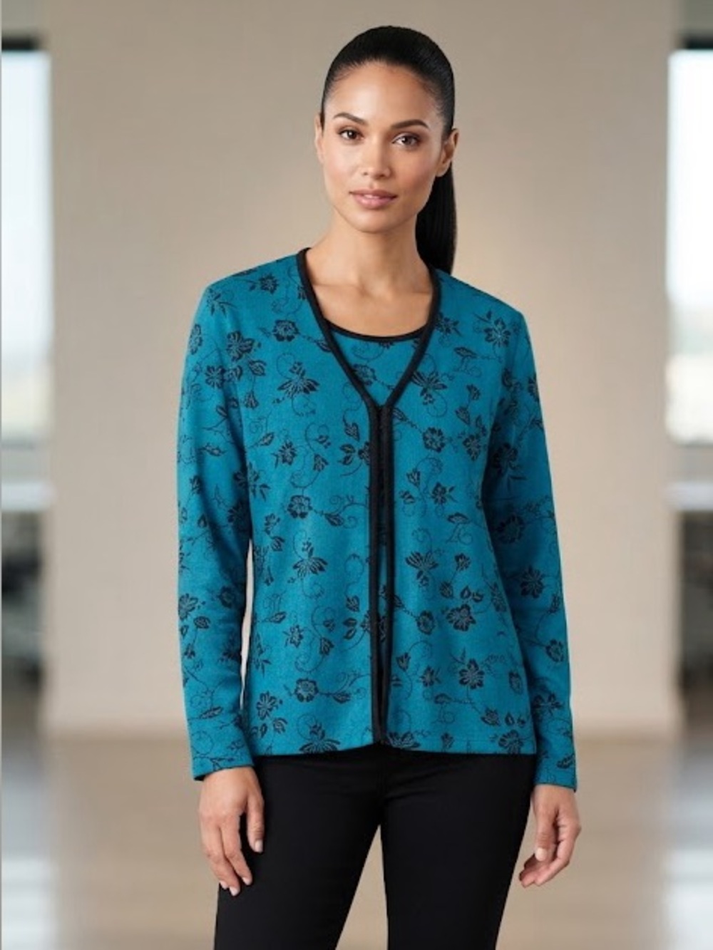 Carolyn Taylor Floral Mock Layered Cardigan Sweater